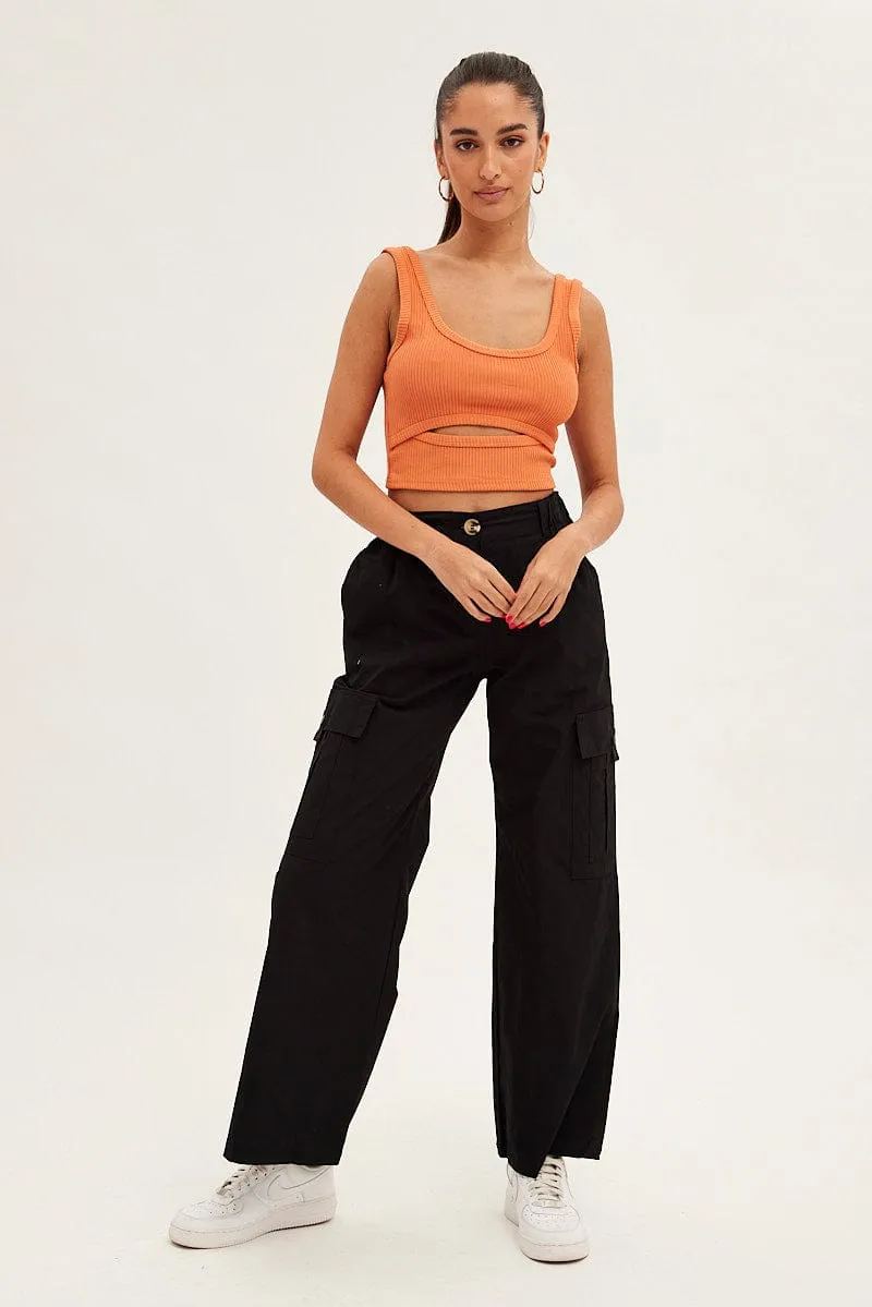 Black Cargo Pants Wide Leg Mid Rise Practical Comfort