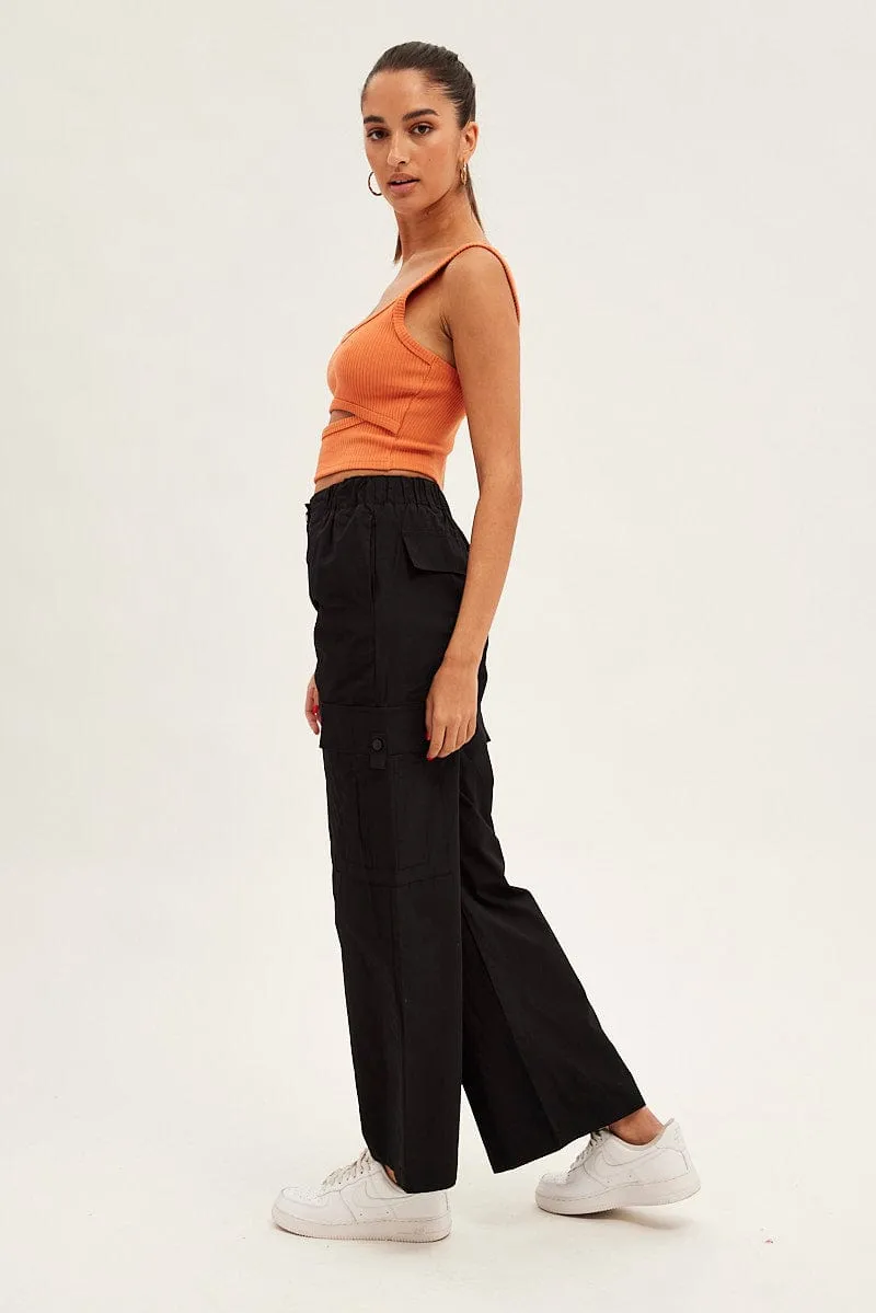 Black Cargo Pants Wide Leg Mid Rise Cozy Touch