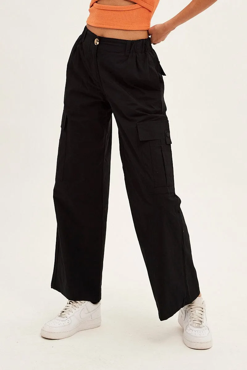 Black Cargo Pants Wide Leg Mid Rise Quick Dry Technology