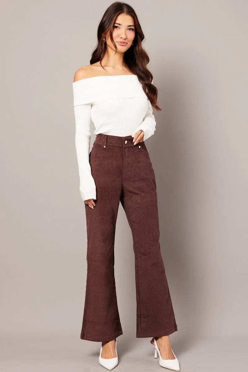 Brown Wide Leg Pants High Rise Corduroy Slim Stretch DurableConstruction