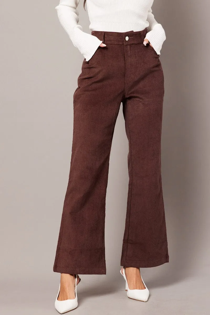 Brown Wide Leg Pants High Rise Corduroy Anti Bacterial Treatment
