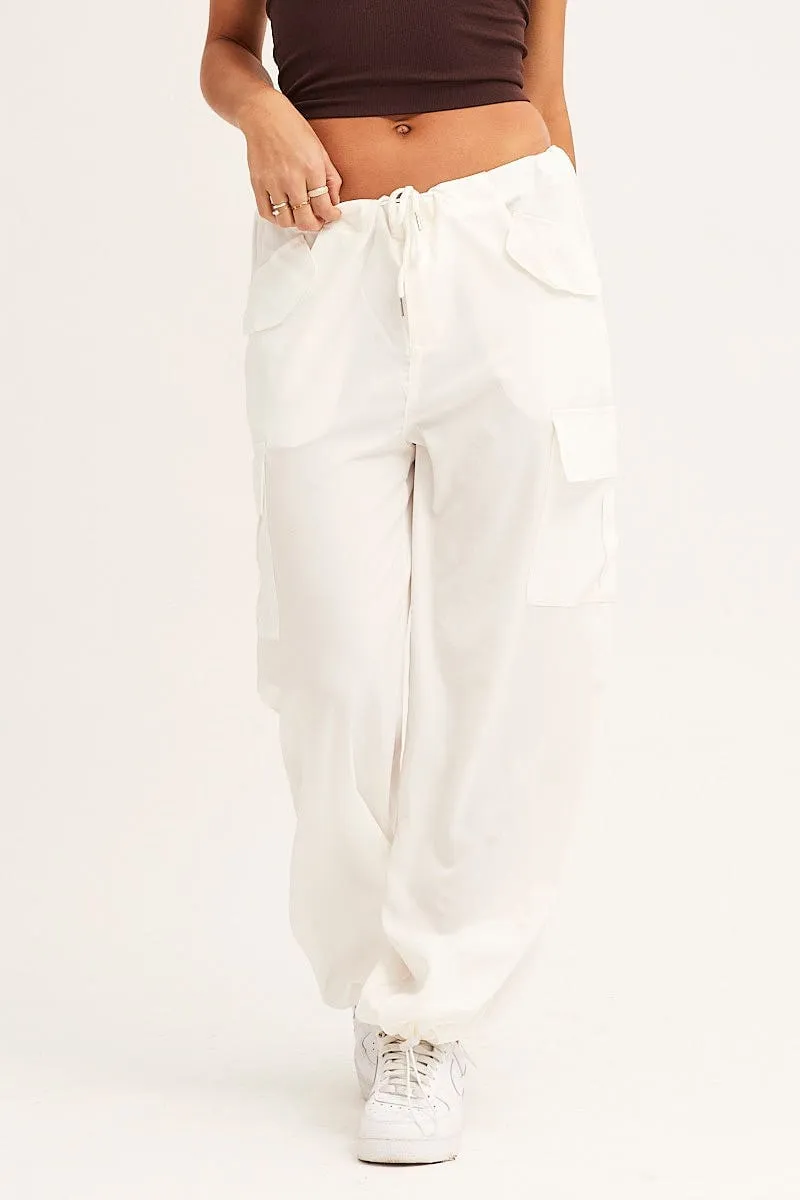 Perfect Stretch Relaxed fit wear White Cargo Parachute Pants Out Pocket