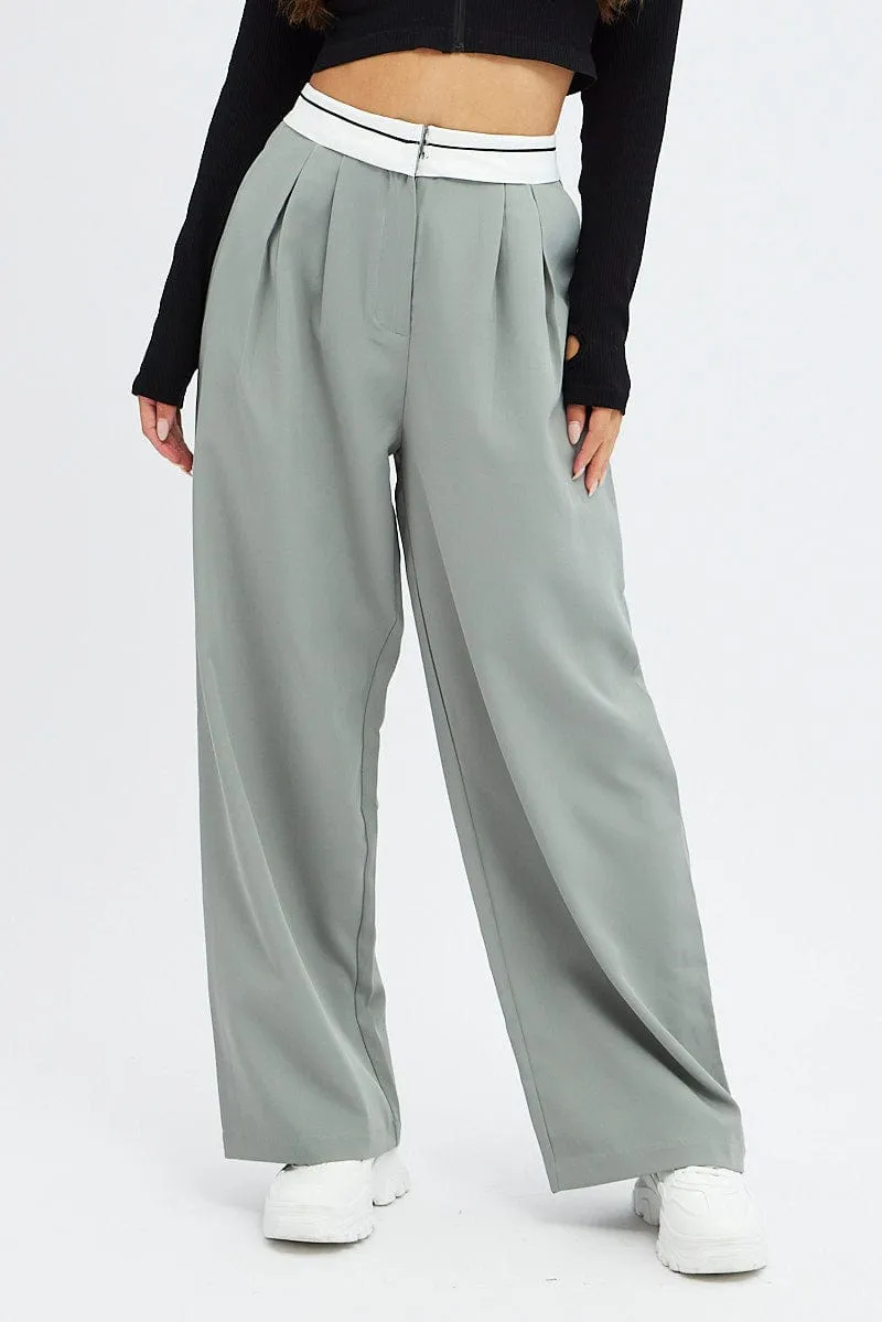 Abrasion Proof Reinforcements Built-in shorts Grey Wide Leg Pants Turn Down Waist Low Rise