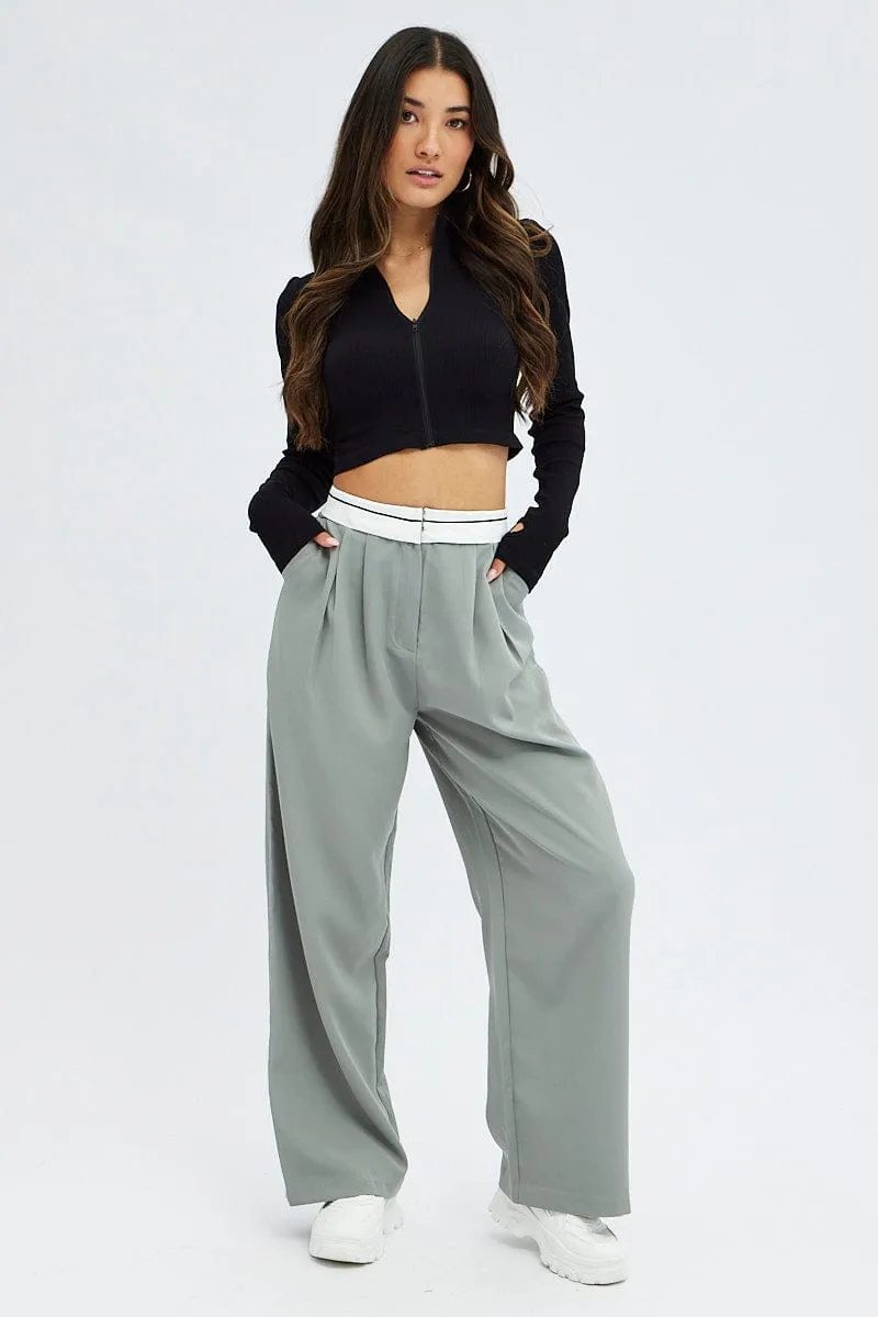 Grey Wide Leg Pants Turn Down Waist Low Rise Soft and Light Comfort Design