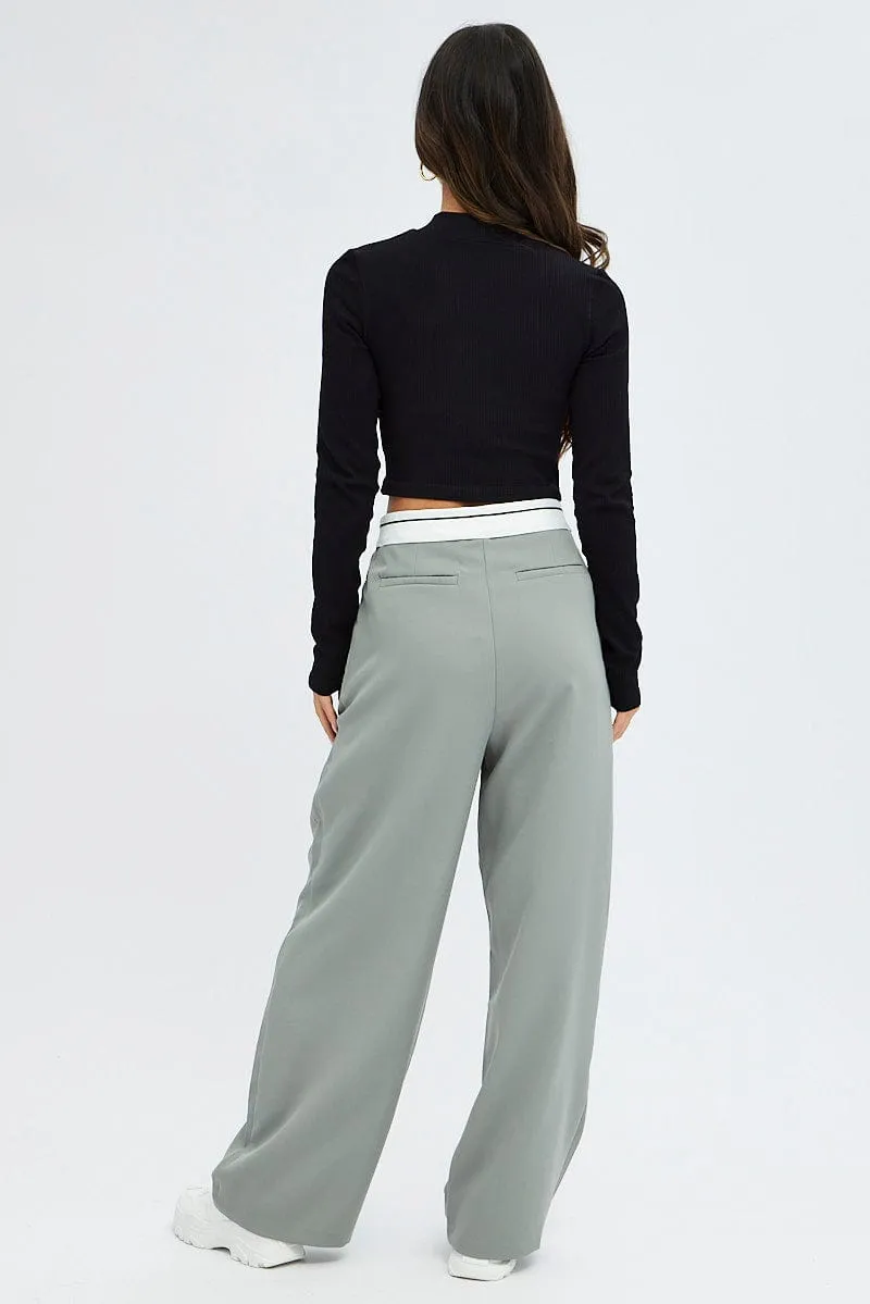 Grey Wide Leg Pants Turn Down Waist Low Rise HighDensityWeave Comfy Design