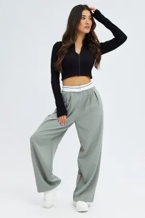 Thermal Insulation Layer Timeless Look Grey Wide Leg Pants Turn Down Waist Low Rise