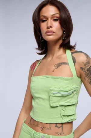 KIERAN DENIM HALTER NECK TOP Versatile Styling Options