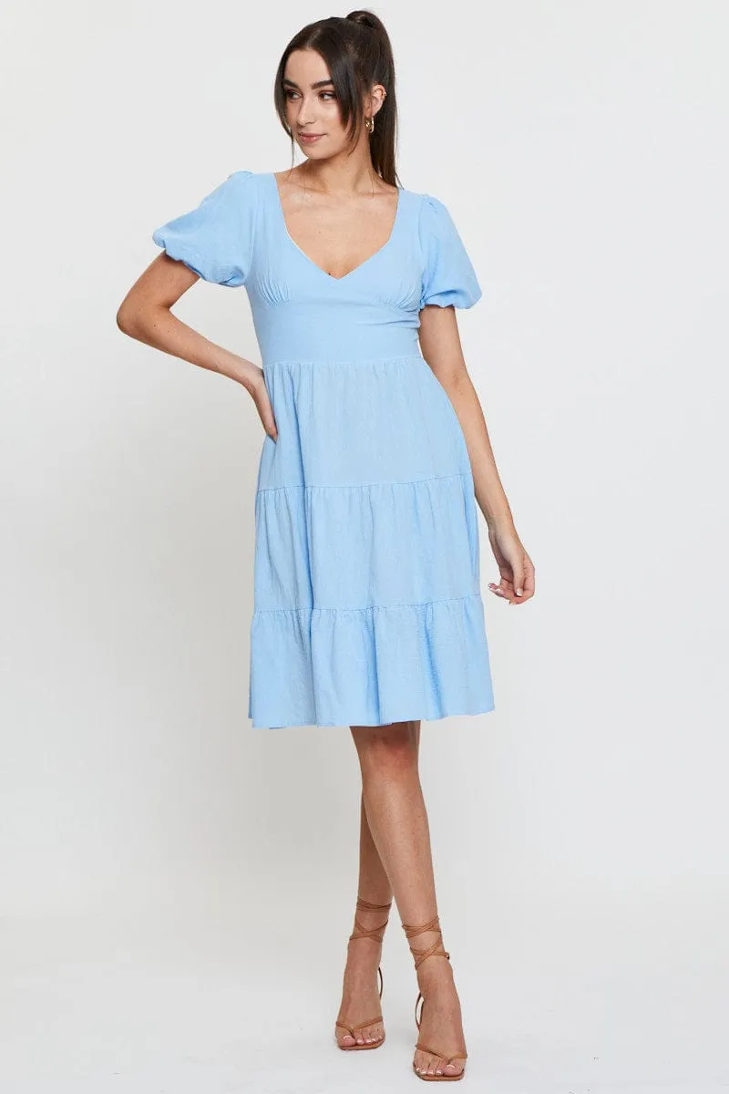 Blue Midi Dress Short Sleeve V Neck Winter Snow