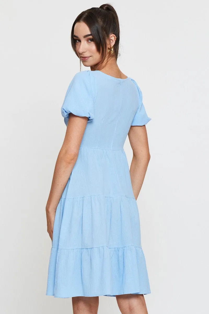 Blue Midi Dress Short Sleeve V Neck Quick Change
