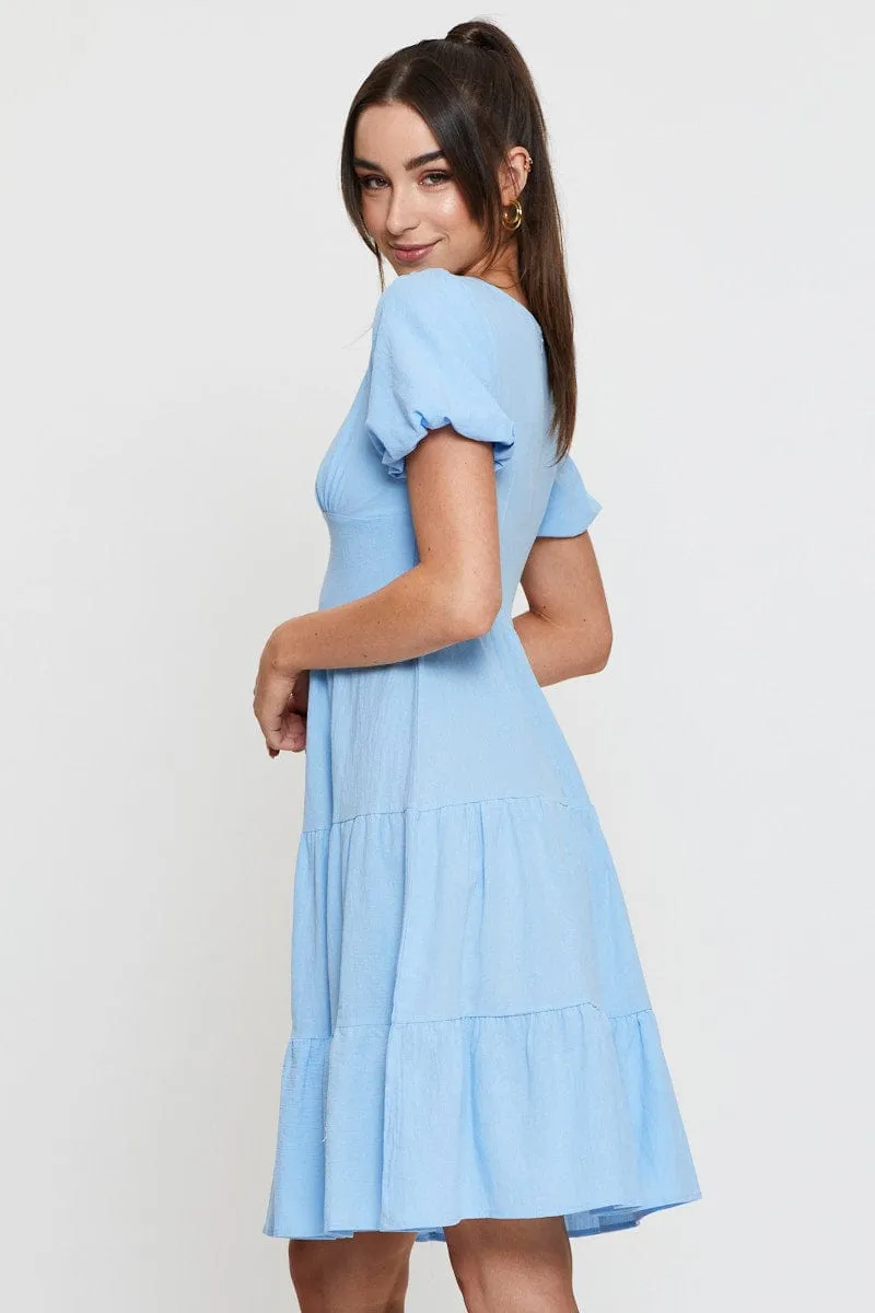 Grand Entry Blue Midi Dress Short Sleeve V Neck