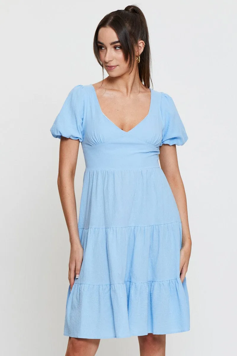 Heat Wave Stage Grace Blue Midi Dress Short Sleeve V Neck