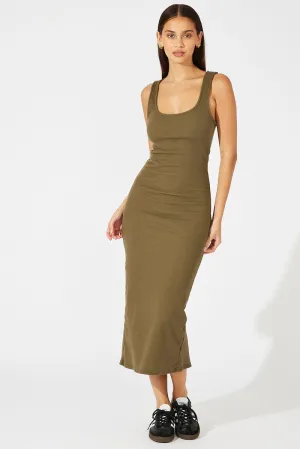 Green Midi Dress Sleeveless Bodycon Rib Crisp Wind