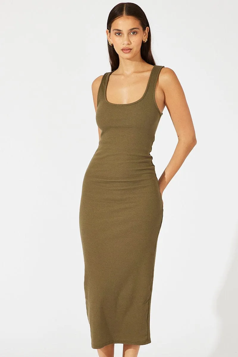 Green Midi Dress Sleeveless Bodycon Rib Comfortable Cut chic aesthetic