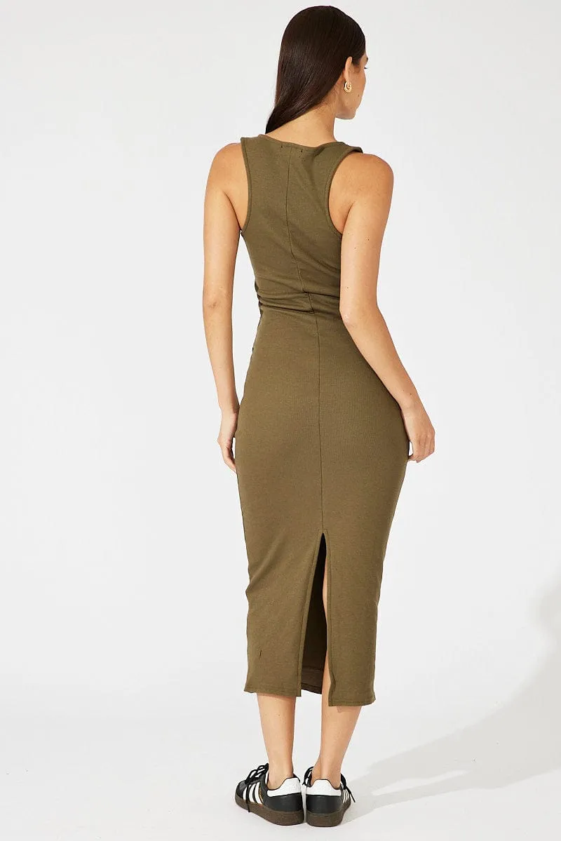subtle style Green Midi Dress Sleeveless Bodycon Rib