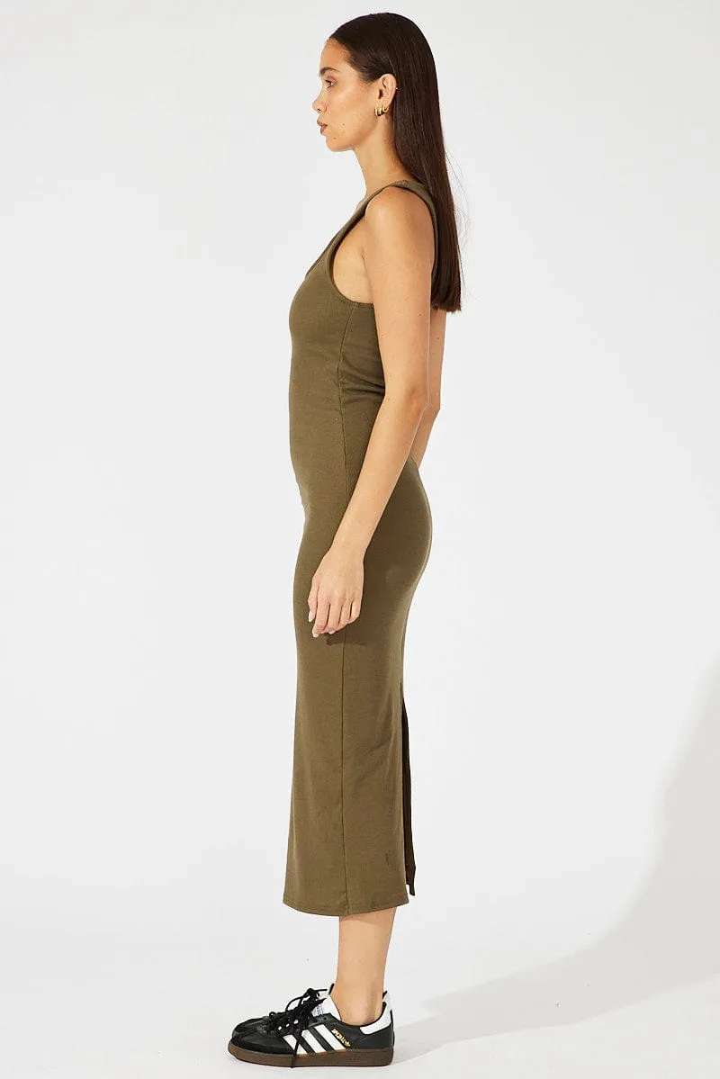 All Day Comfort Green Midi Dress Sleeveless Bodycon Rib