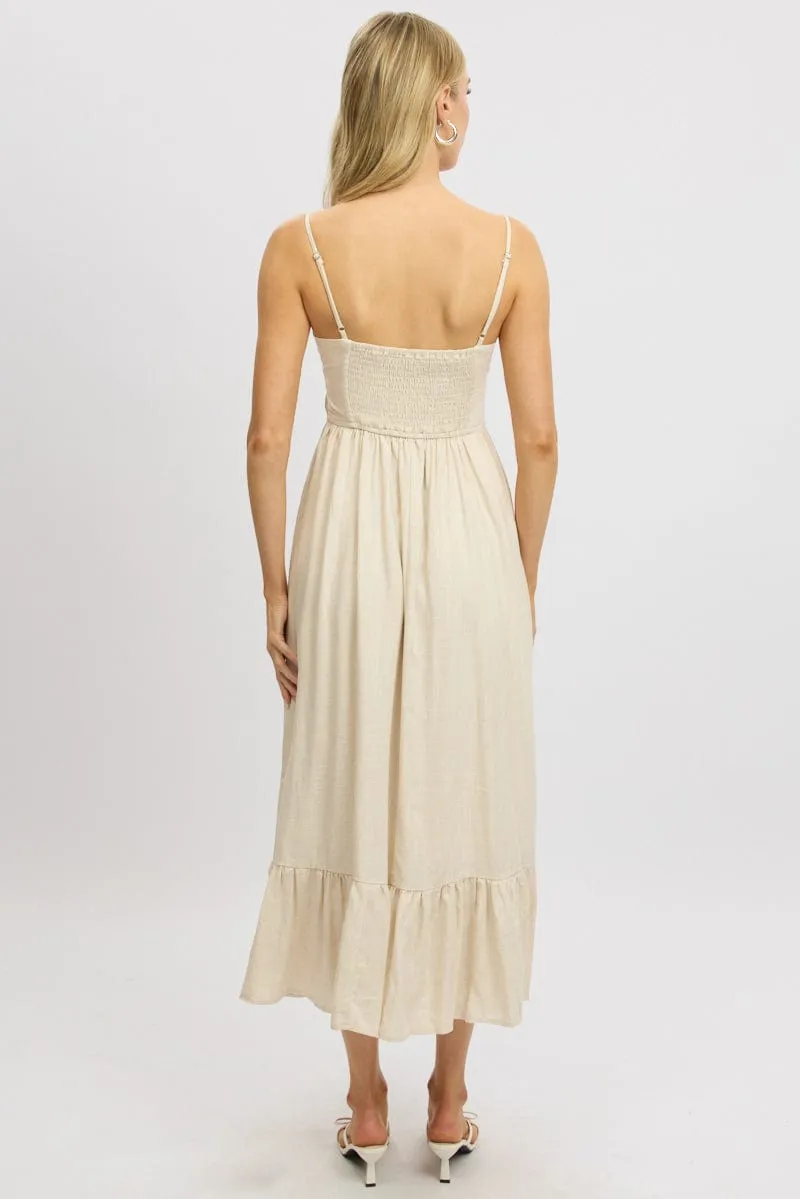 Trendy Comfort Beige Midi Dress Tiered Strappy