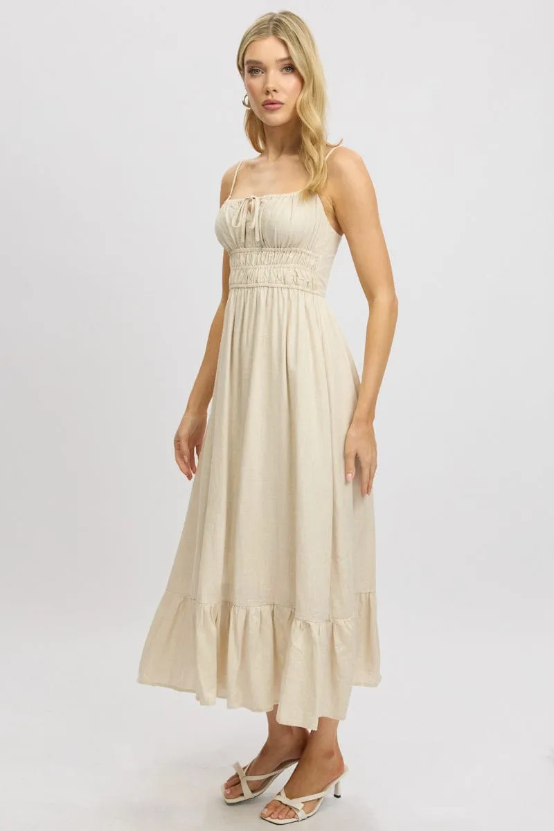 Beige Midi Dress Tiered Strappy Flattering Style