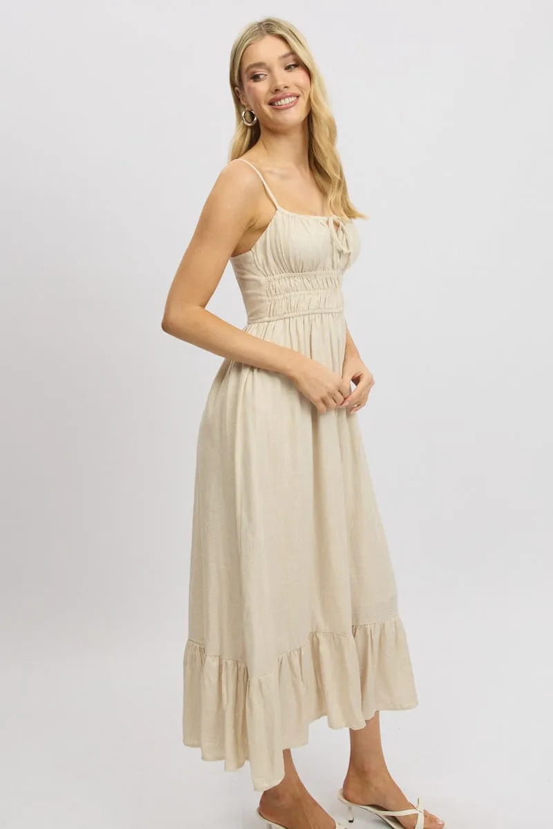 Beige Midi Dress Tiered Strappy Day-to-Night Look