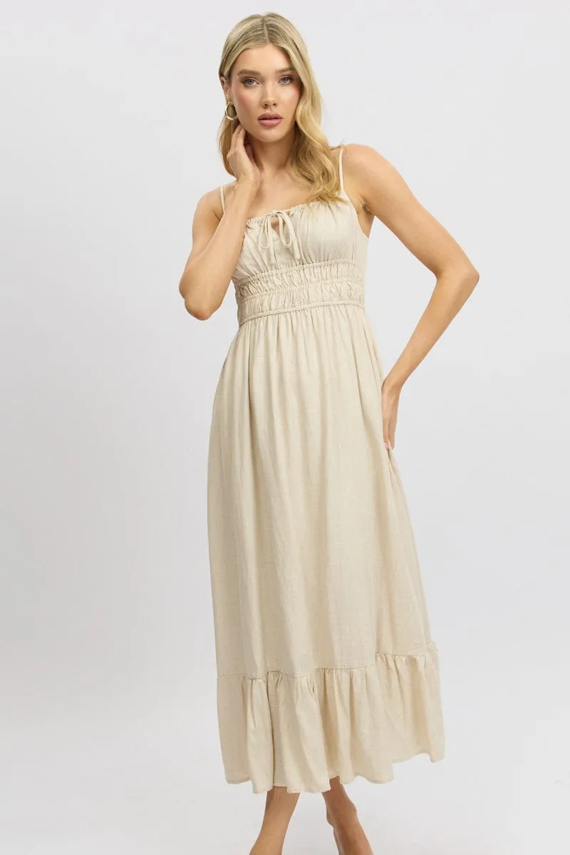 Beige Midi Dress Tiered Strappy Vibrant Look