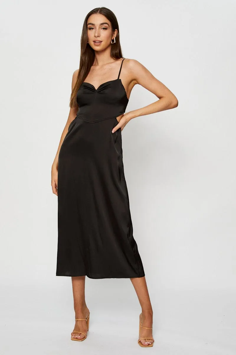 Black Midi Dress Cowl Neck Satin Hill Top