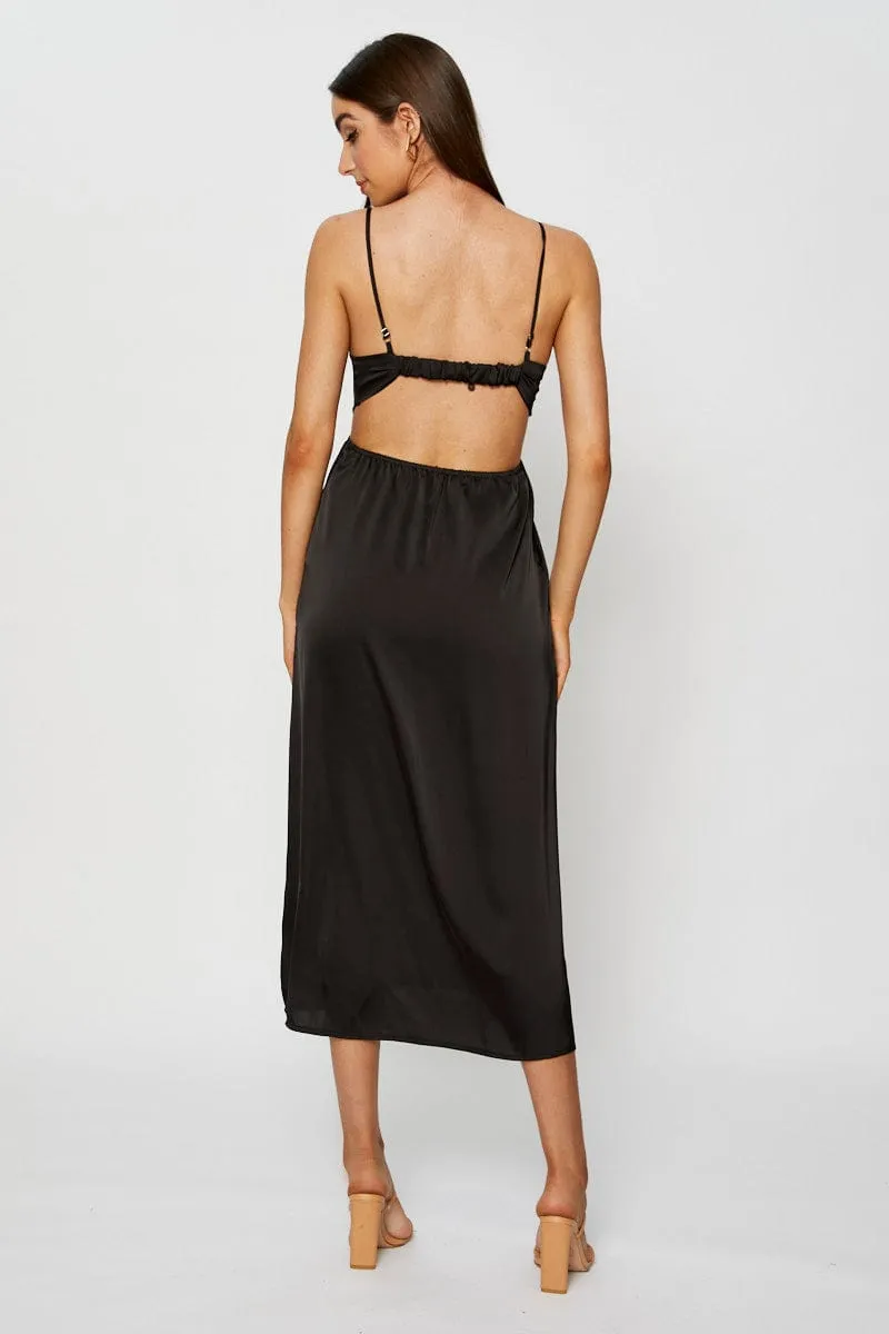 Platinum Shine City Walk Black Midi Dress Cowl Neck Satin
