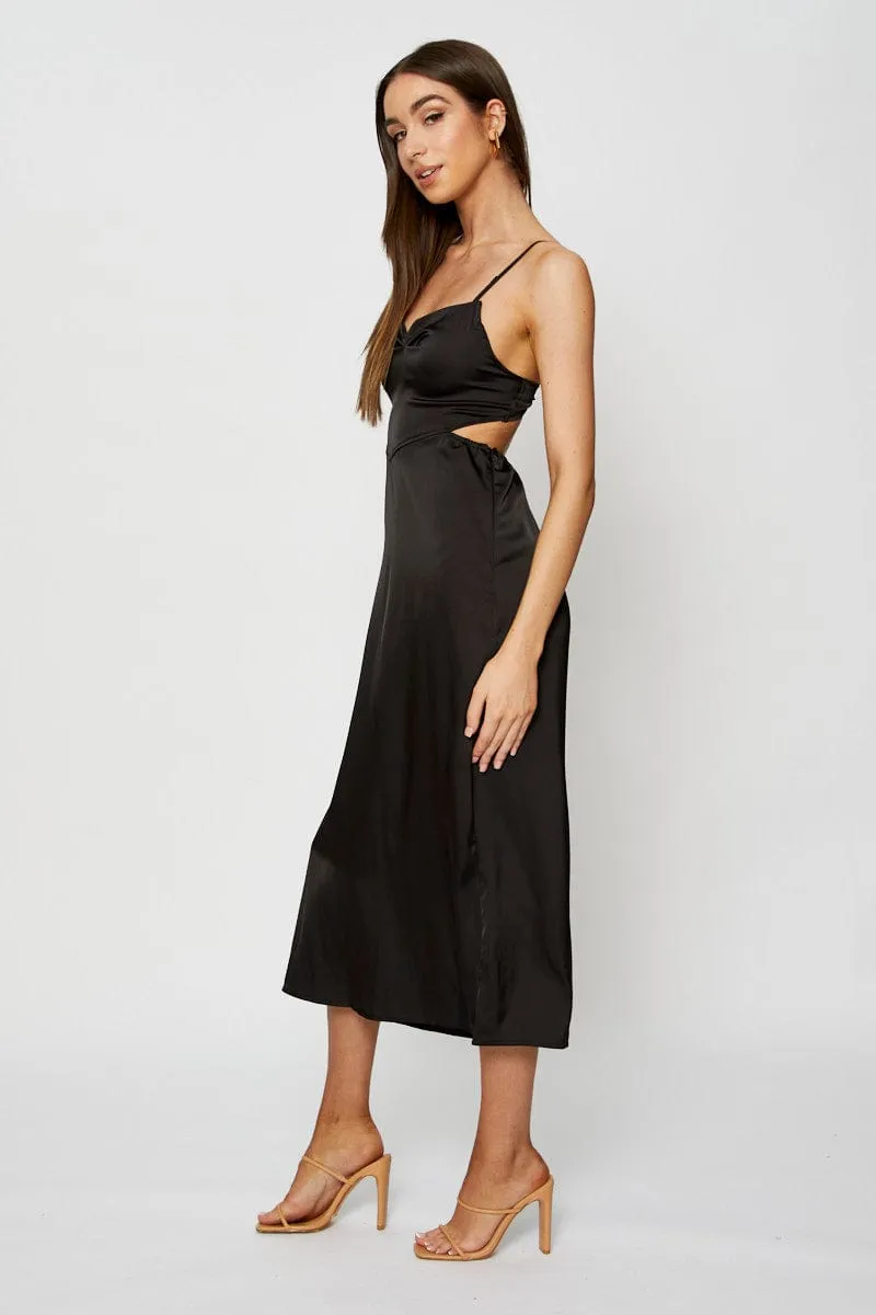 Black Midi Dress Cowl Neck Satin Sophisticated Wear