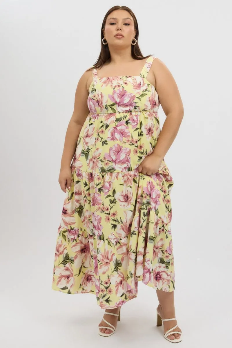 Yellow Floral Maxi Dress Sleeveless Tiered Still Lake Sunrise Glow