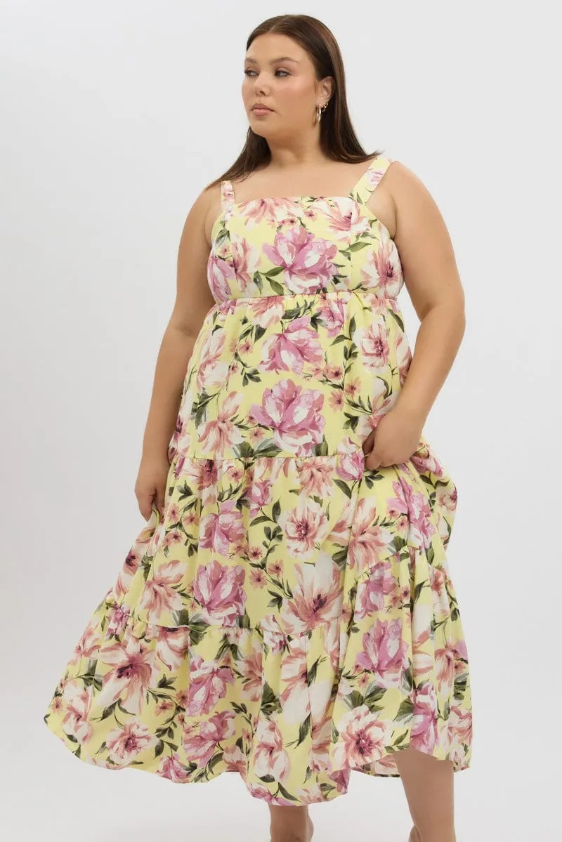 Sun Heat Yellow Floral Maxi Dress Sleeveless Tiered