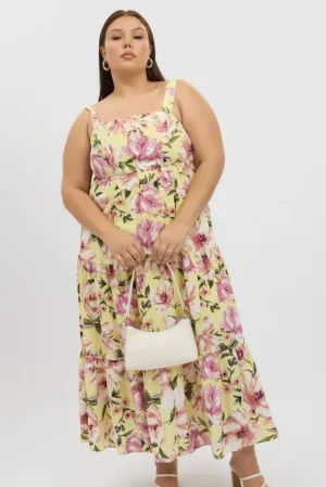 Yellow Floral Maxi Dress Sleeveless Tiered Kimono Arm