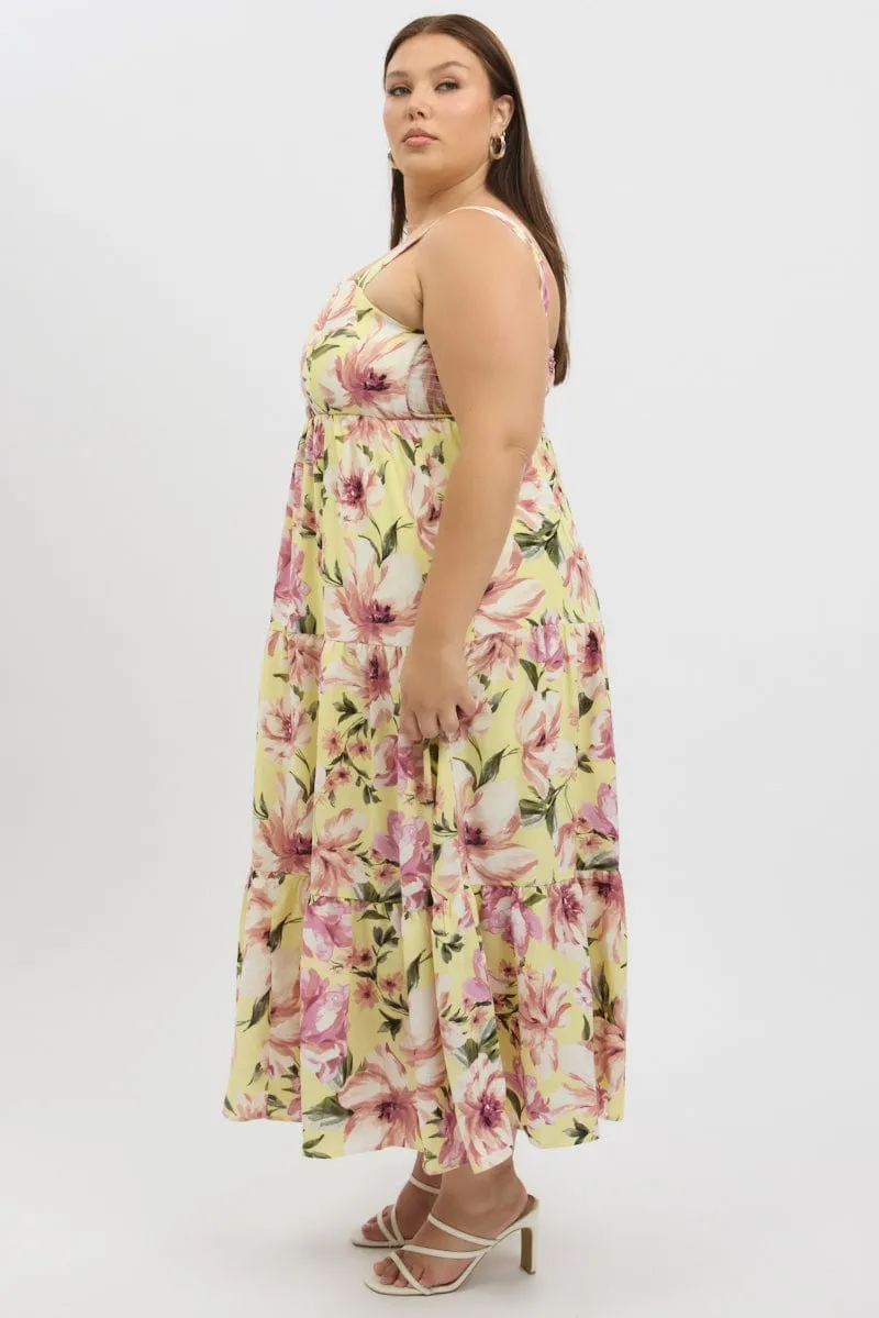 Mountain Day Yellow Floral Maxi Dress Sleeveless Tiered