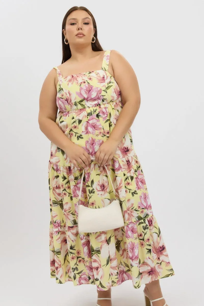 Yellow Floral Maxi Dress Sleeveless Tiered Kimono Arm