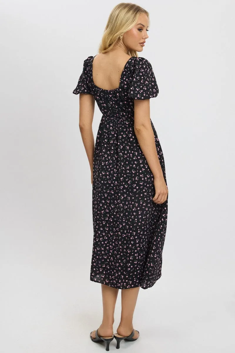 Elegant office dress Black Ditsy Midi Dress Short Sleeve Side Split