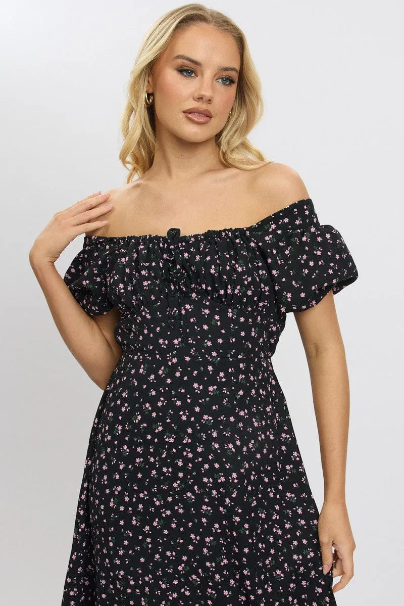 Feminine Appeal Metro Stop Black Ditsy Midi Dress Short Sleeve Side Split