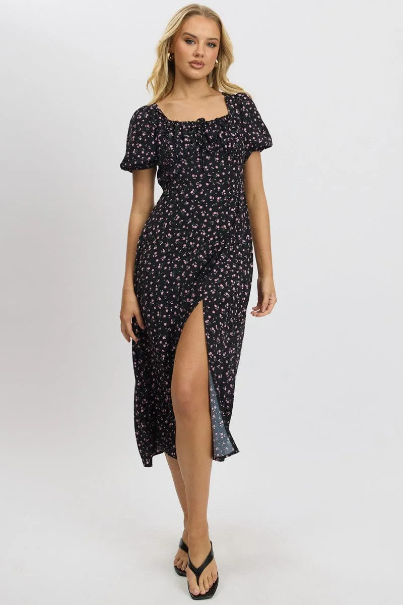 Bridal Mood Black Ditsy Midi Dress Short Sleeve Side Split