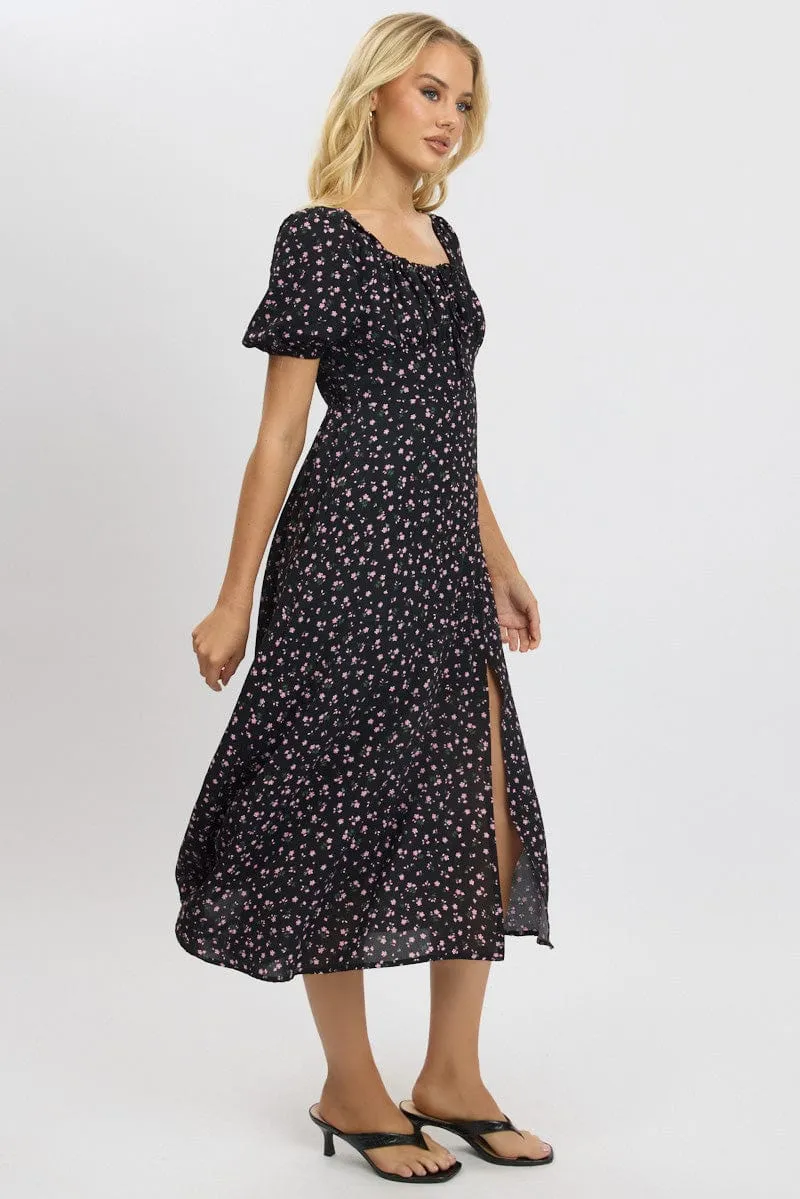 Easy Fashion Perfectly Fitted Black Ditsy Midi Dress Short Sleeve Side Split
