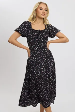 Black Ditsy Midi Dress Short Sleeve Side Split Vintage Lover Day To Night