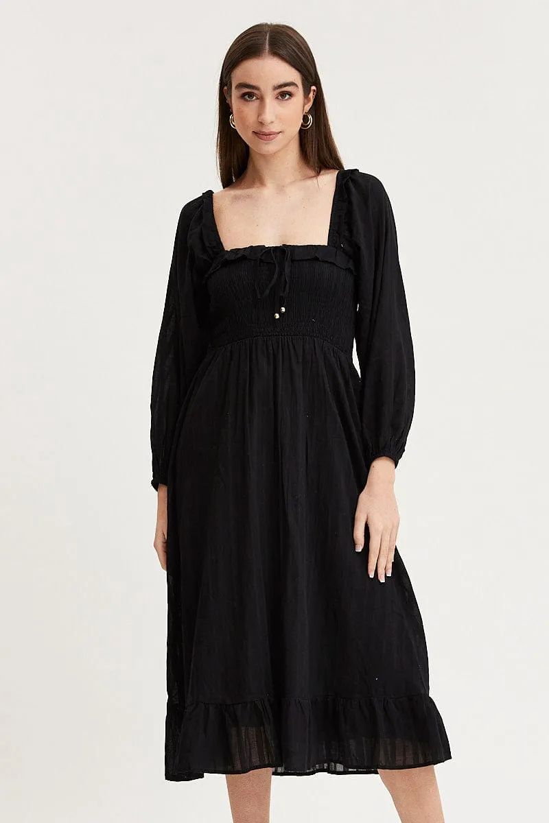 Casual Wear Black Midi Dress Long Sleeve Evening