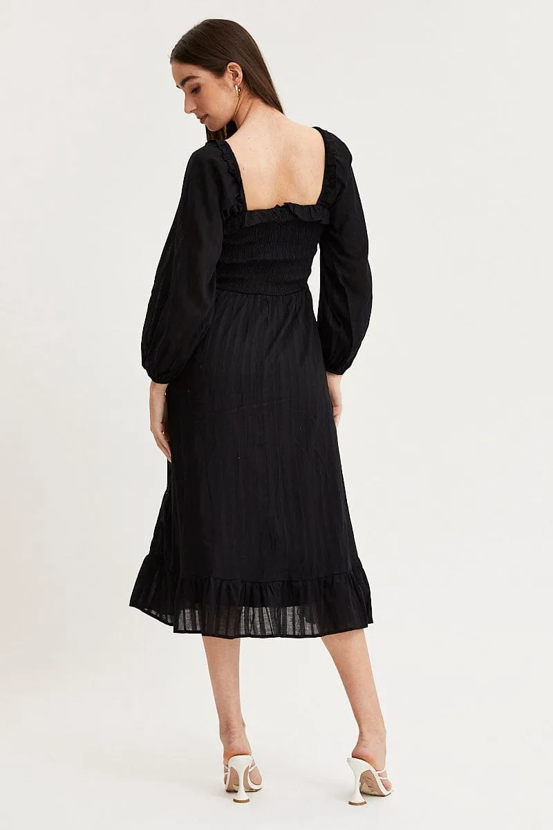 Contemporary Style Black Midi Dress Long Sleeve Evening