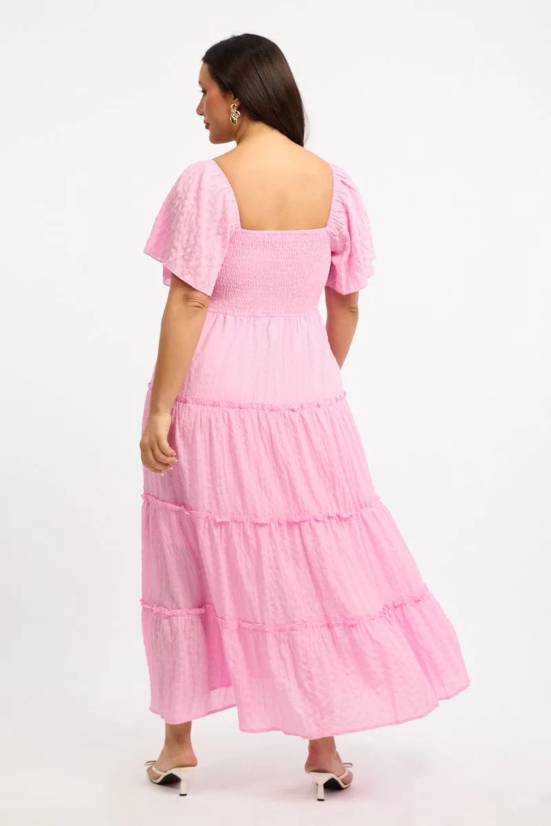 Trendy evening gown for parties Pink Maxi Dress Short Sleeve Tiered