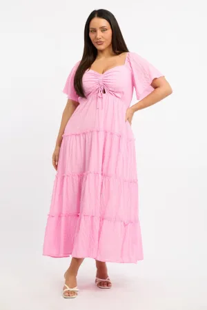 Pink Maxi Dress Short Sleeve Tiered wrap waist Puff Sleeve
