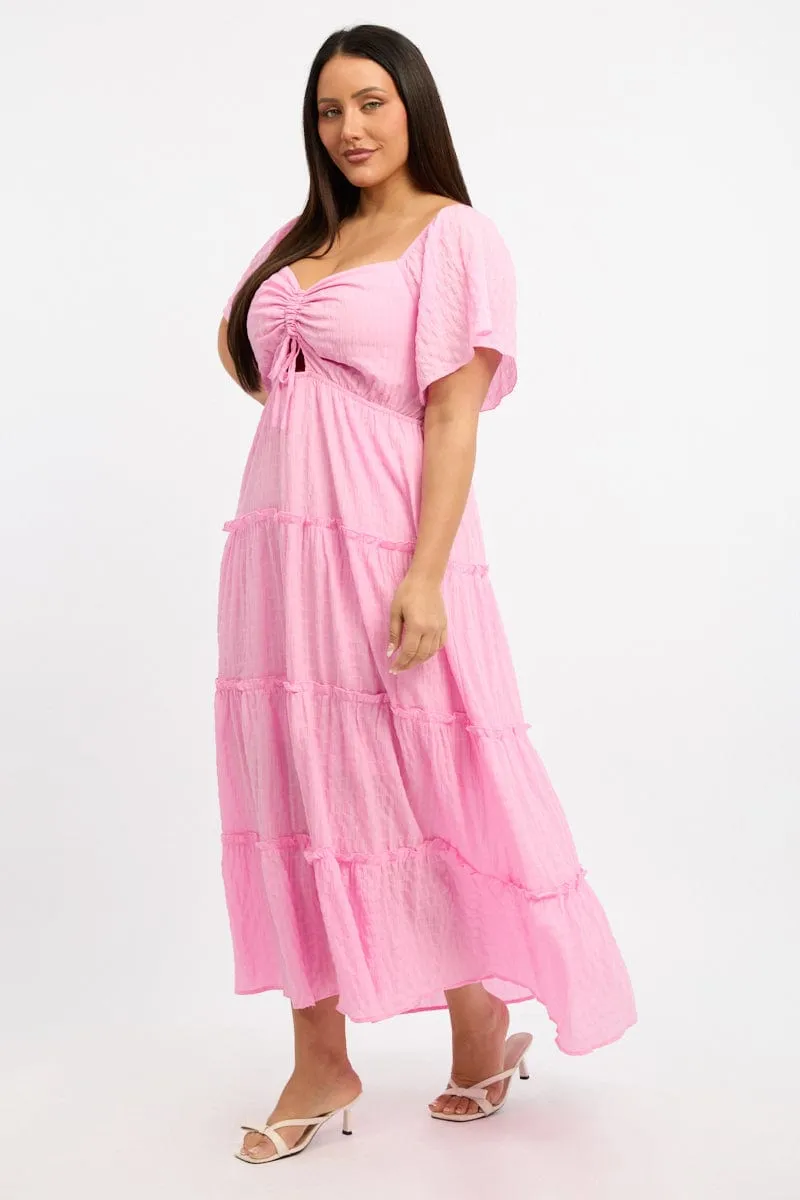 Pink Maxi Dress Short Sleeve Tiered This dress offers a flattering fit that accentuates your shape without feeling tight