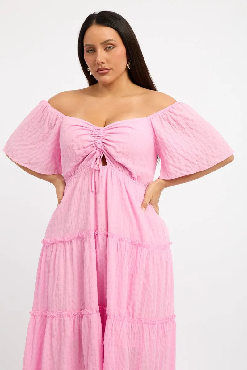 Lilac Soft Pleat Art Pink Maxi Dress Short Sleeve Tiered