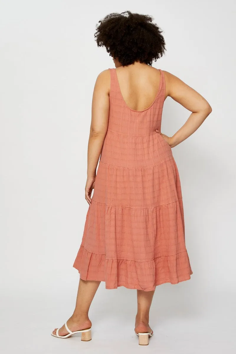 Pink Midi Dress Square Neck Sleeveless Button Versatile maxi with accessories