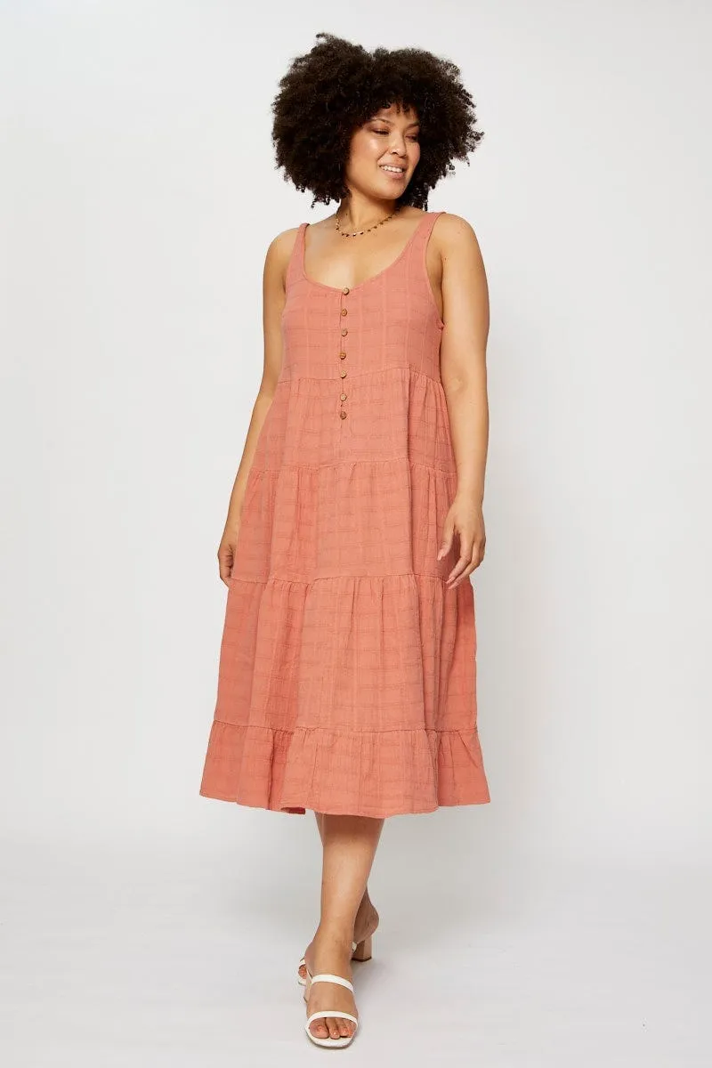 Pink Midi Dress Square Neck Sleeveless Button Evening Chic