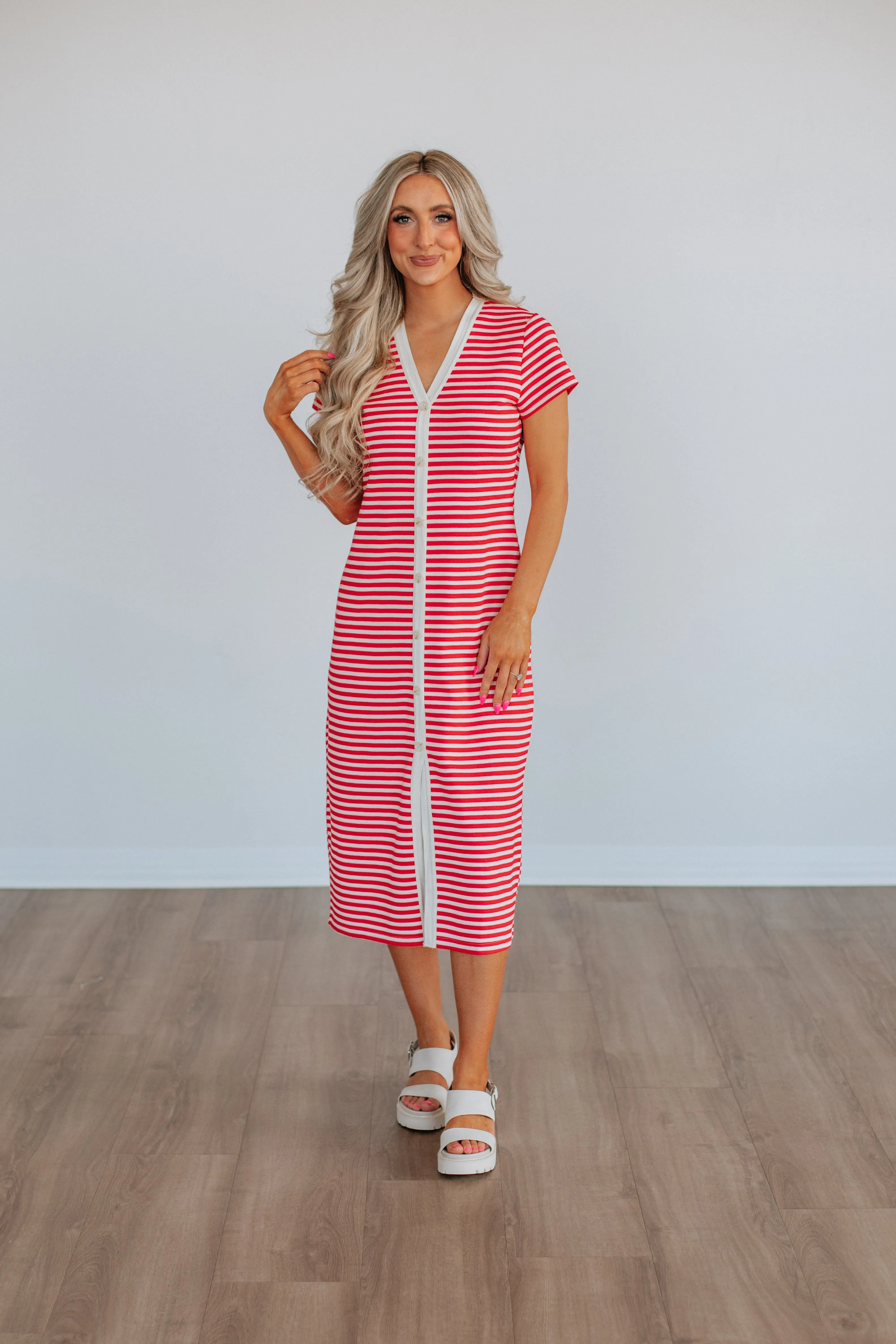 Day To Night Look Charming Fit Paylor Striped Dress - Cherry