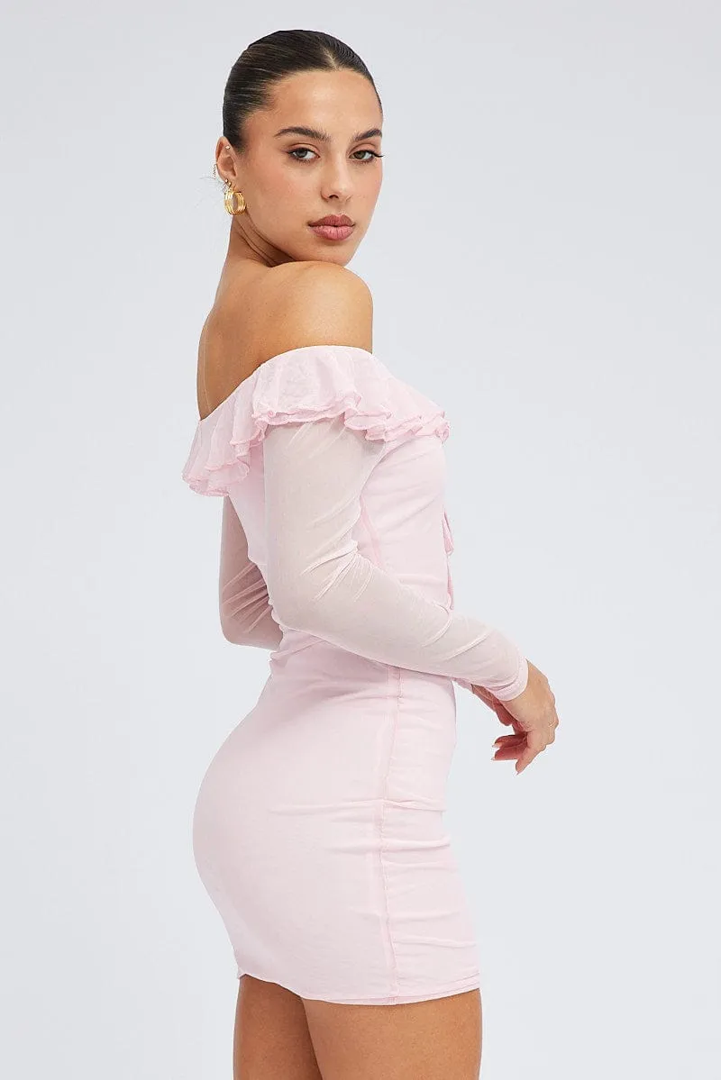 Opal Glow Flowy mid-length piece Pink Mini Dress Long Sleeve Off Shoulder Frill Mesh