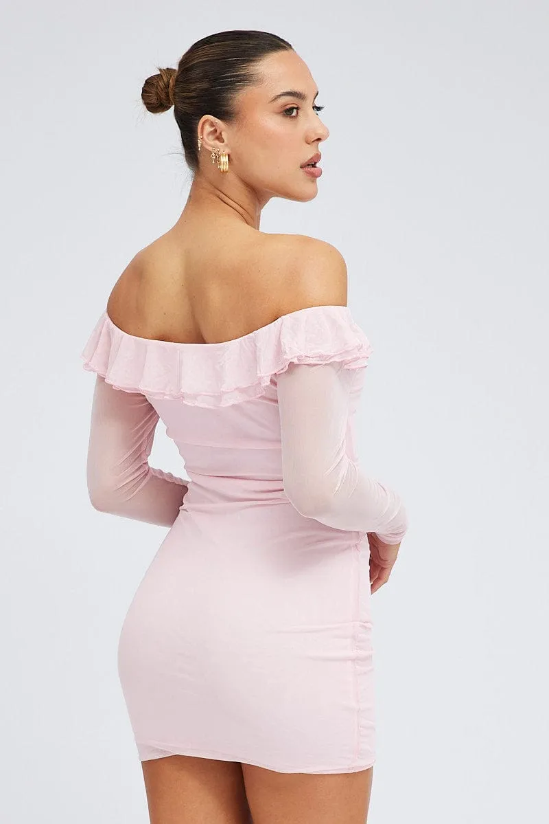 Pink Mini Dress Long Sleeve Off Shoulder Frill Mesh Romantic casual midi