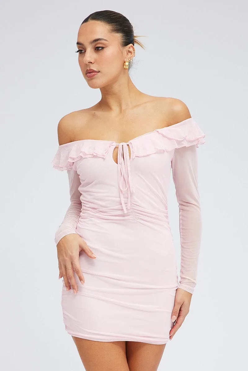 Smart Chic Bridge Walk Pink Mini Dress Long Sleeve Off Shoulder Frill Mesh