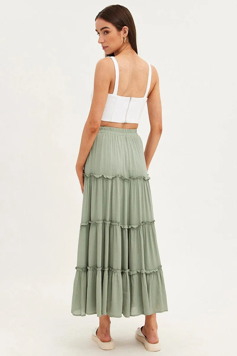 Quick Wear Green Maxi Skirt High Rise Tiered