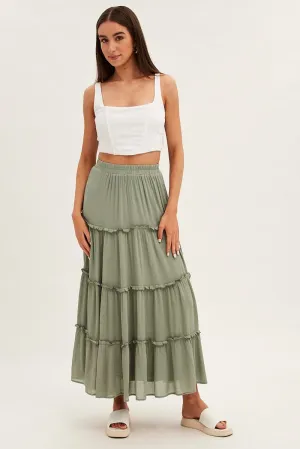 Green Maxi Skirt High Rise Tiered Style Innovation